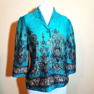 Vintage 1980s Joni B Blouse Women's Size S Blue Black Crinkle Disco Collar